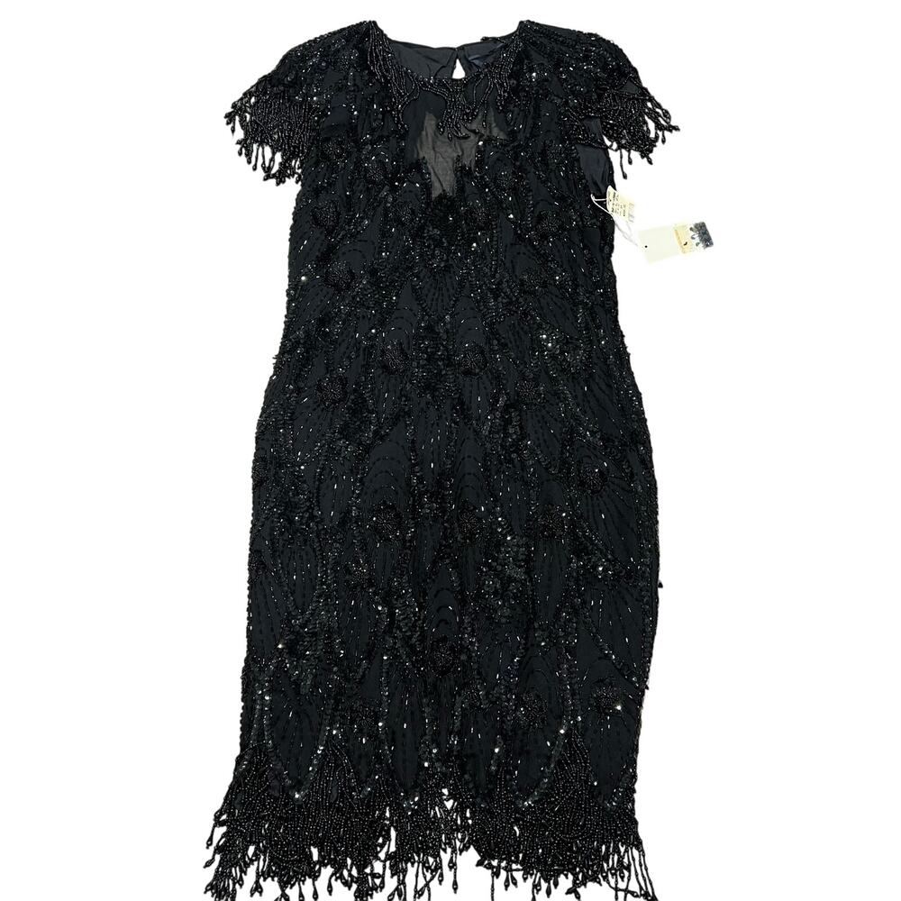 A.J. Bari 90's Black Beaded Vintage Open Back Flapper Dress size 14